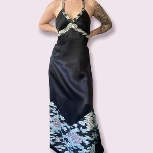 Vintage 70s Halter Backless Maxi Dress in Black with Asymmetrical Hem